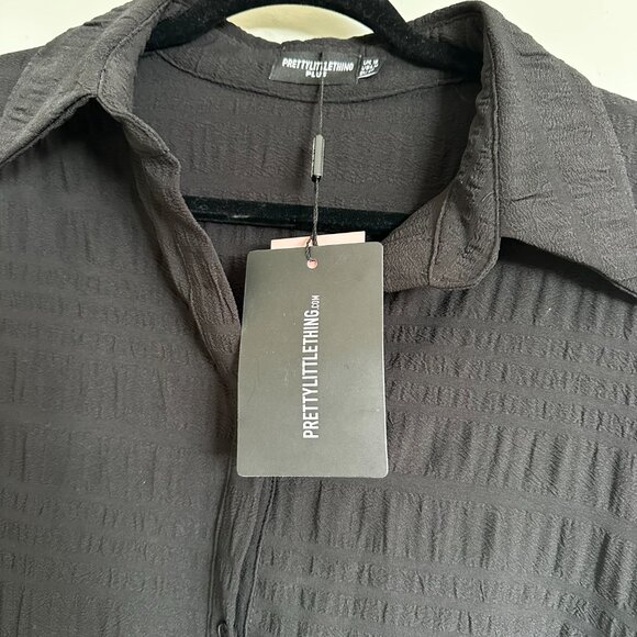 PrettyLittleThing Black Textured Ruched Side Midi Shirt Dress Size 14 - NWT - Picture 7 of 7